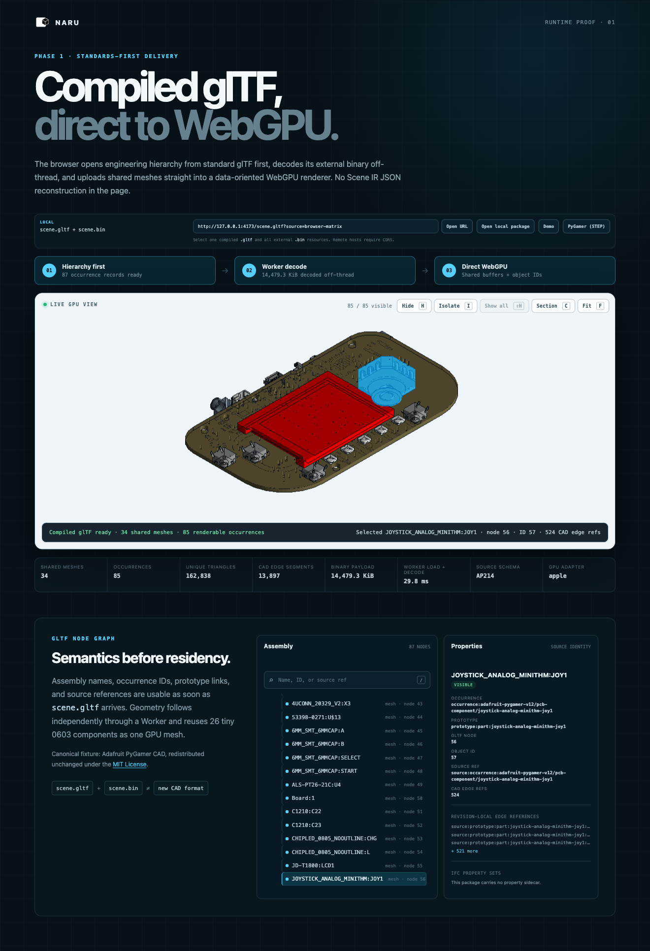 Adafruit PyGamer STEP assembly rendered and picked in the NARU Studio